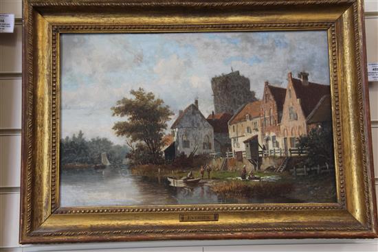 Adrianus Eversen (Dutch, 1818-1897) Riverside houses with a tower beyond 12 x 18.5in.